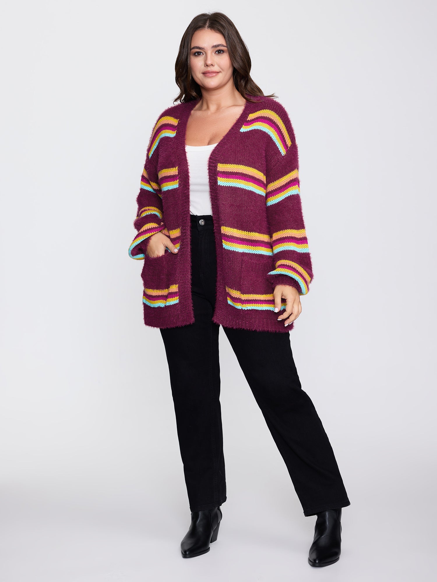Colorful Stripe Furry Textured Knit Cardigan