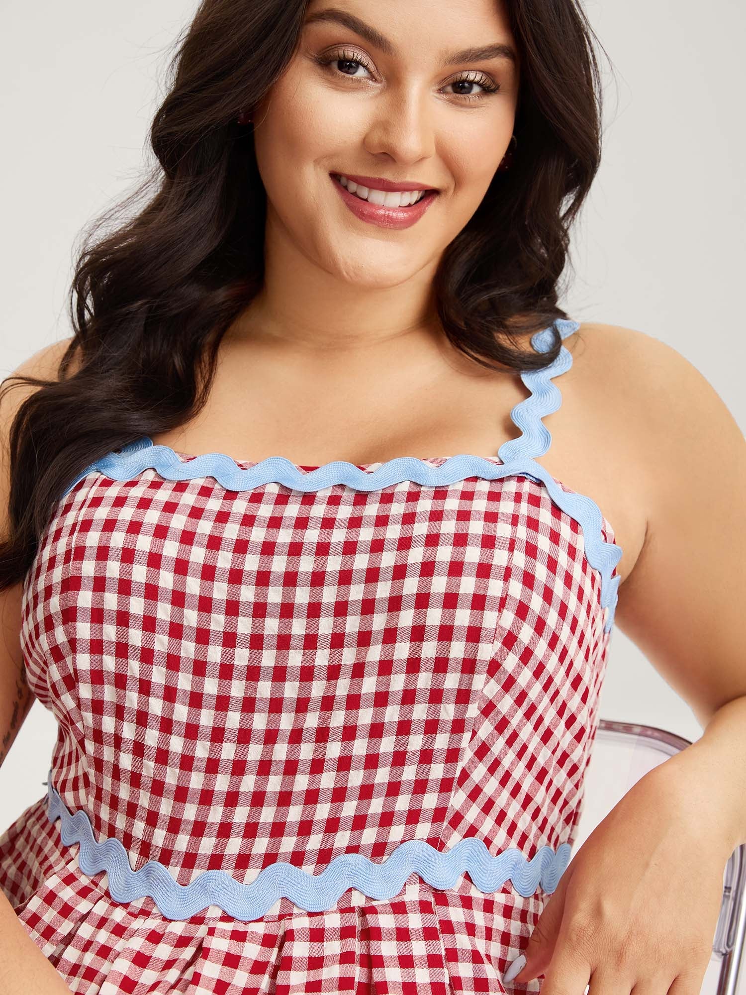 Cotton Sweet Gingham Print Stretchy Waist Midi Dress