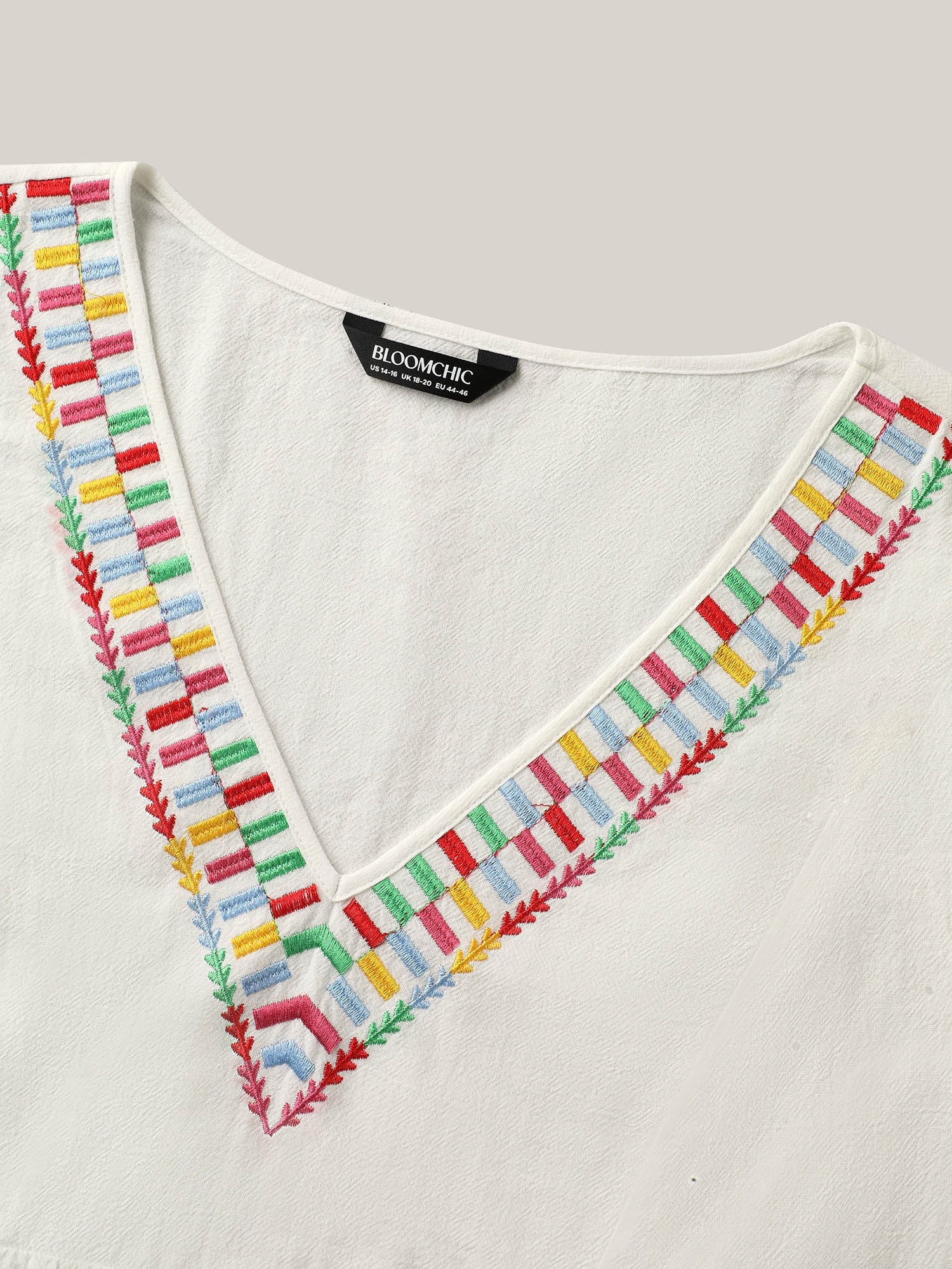 Cotton Colorful Embroidery V-Neck Solid Blouse
