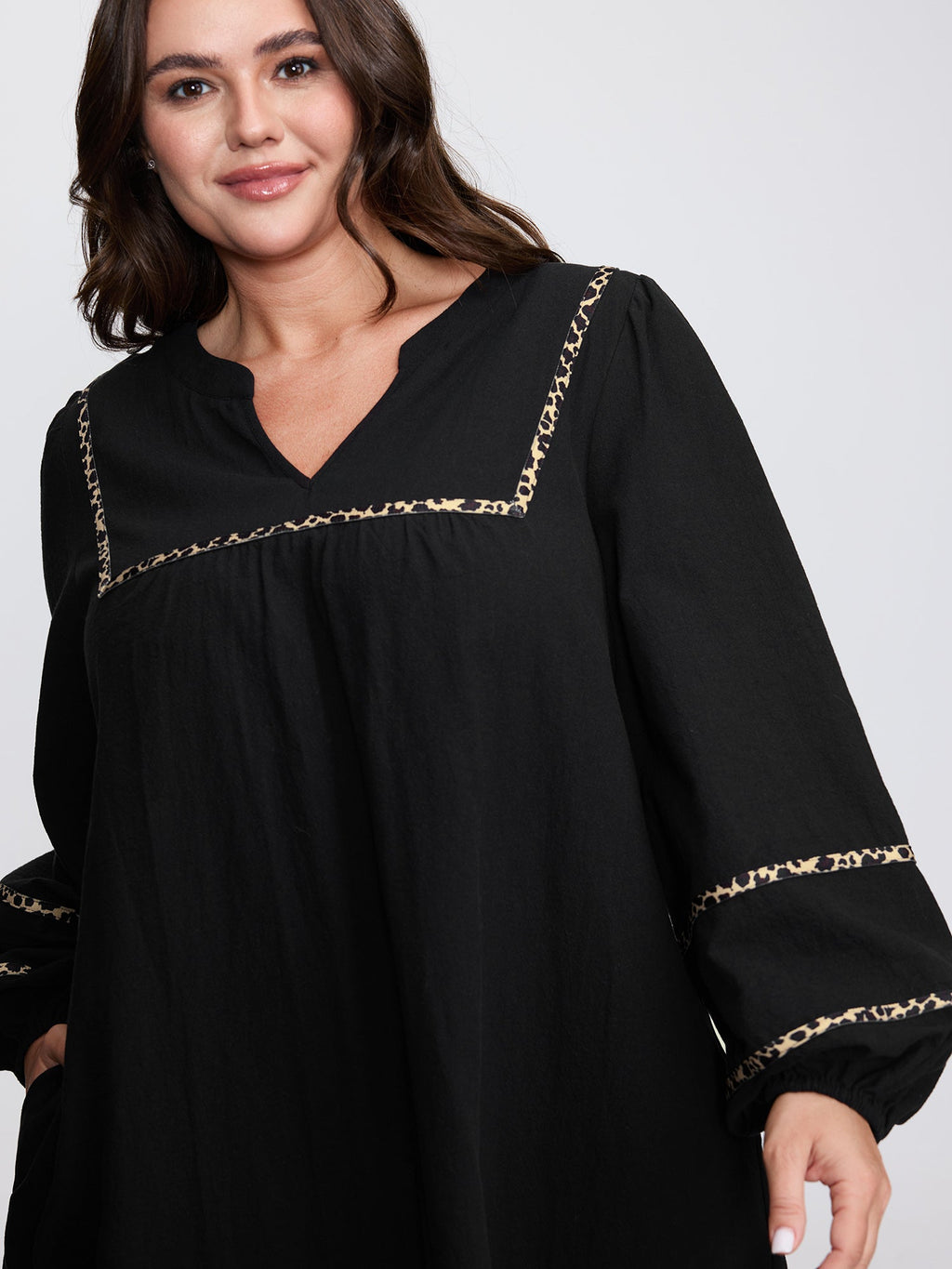 Cotton Leopard Print Notched Collar Midi Dress