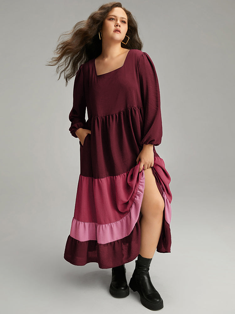 Colorblock Contrast Square Neck Ruffle Layered Hem Dress