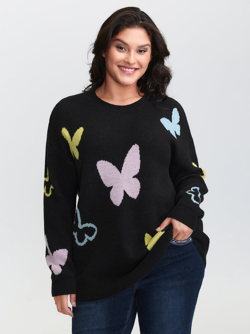 Butterfly Jacquard Pattern Round Neck Pullover