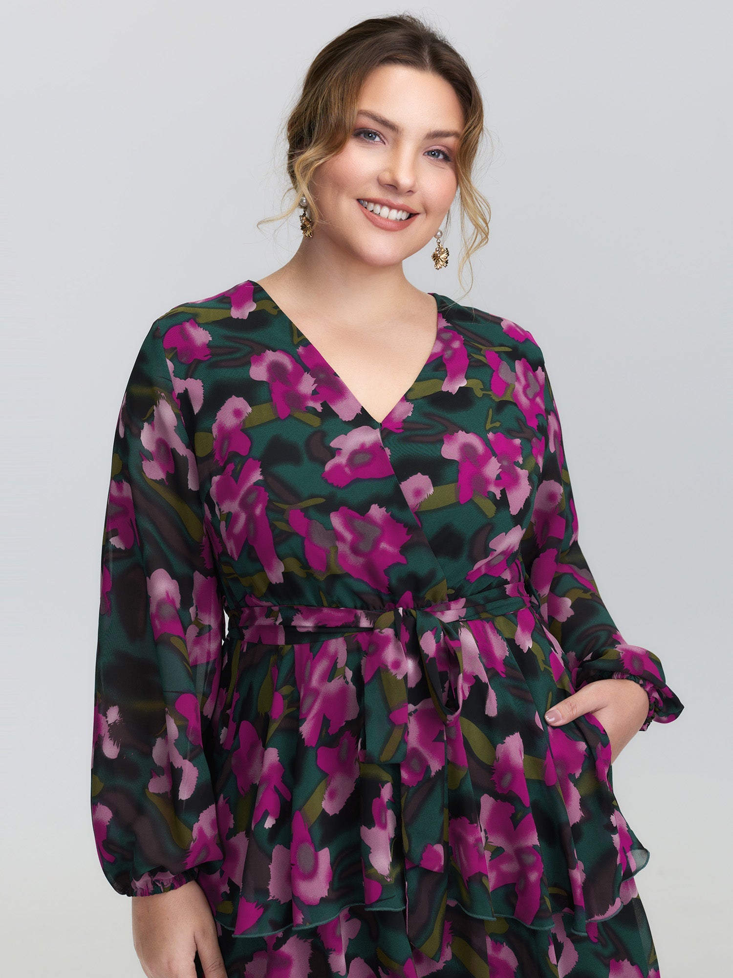 Abstract Floral Print Layered Pockets Midi Dress