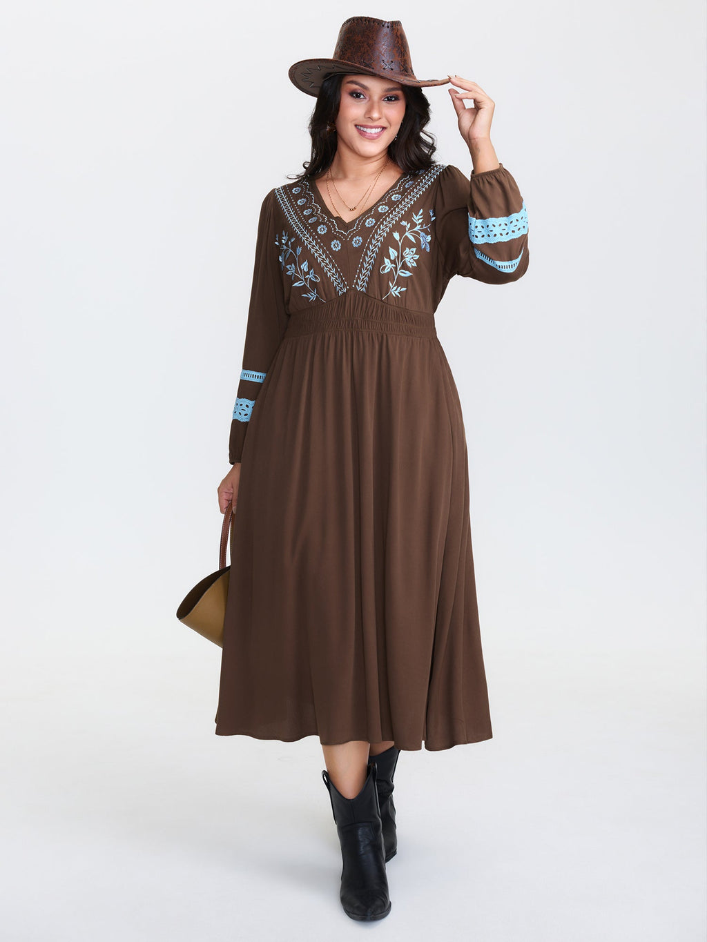 Boho Embroidered Neck-Tie Midi Dress