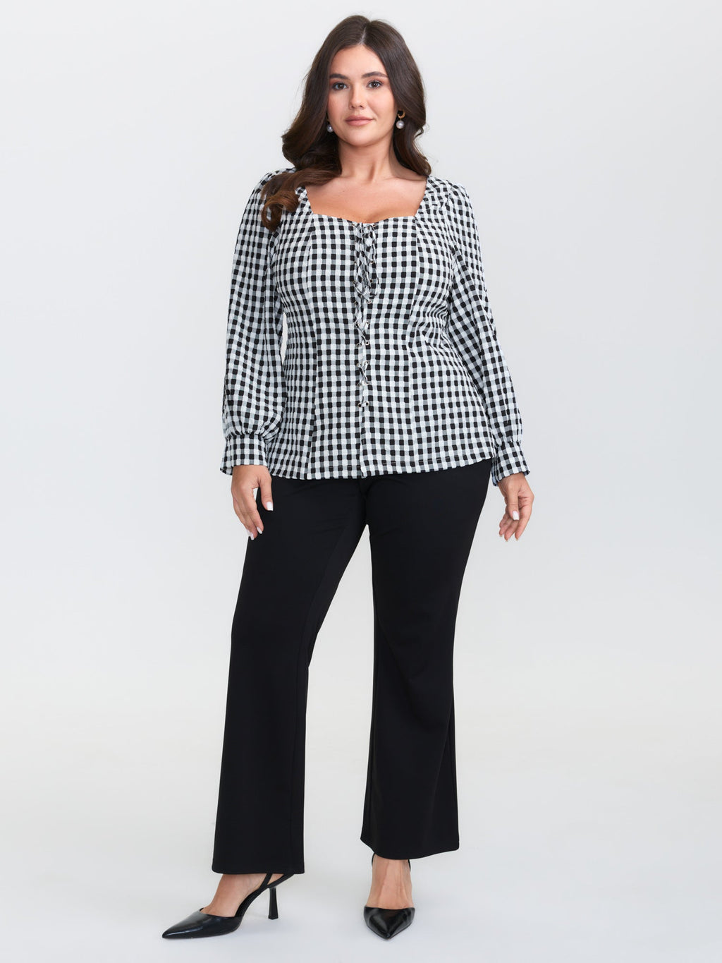 Checkered Crossover Tie Square Neck Blouse