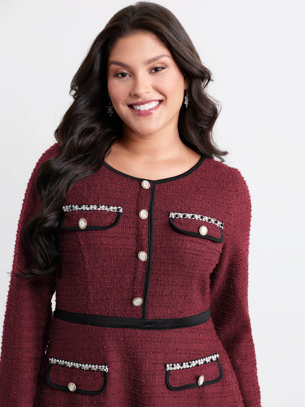 Tweed Stretchy Waist Color Contrast Midi Dress