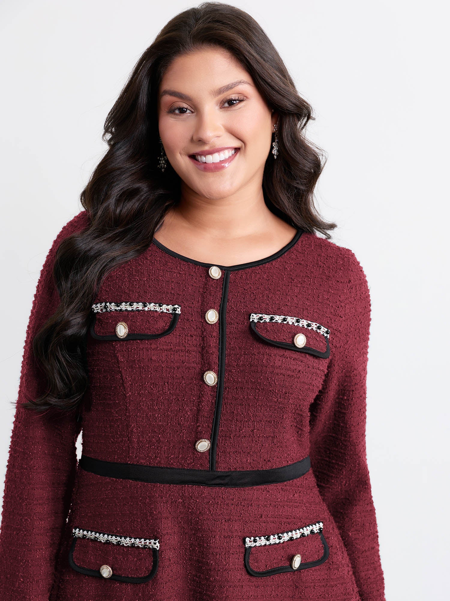 Tweed Stretchy Waist Color Contrast Midi Dress