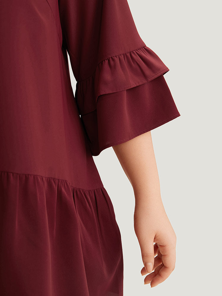 Anti-Wrinkle Plain Ruffle Layered Sleeve Crew Neck Blouse