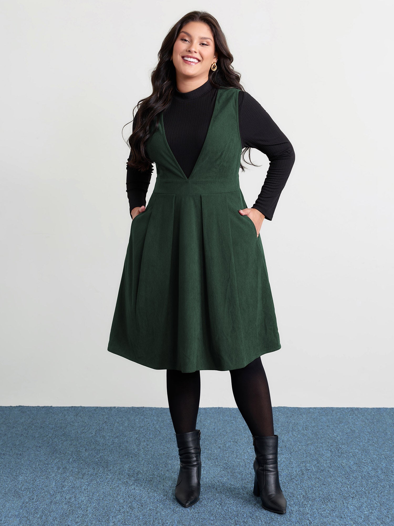 Corduroy Stretchy Waist V-Neck Midi Dress