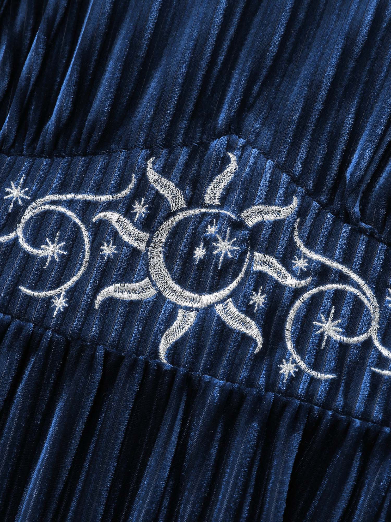 Starry Moon Embroidery Shirred Maxi Dress