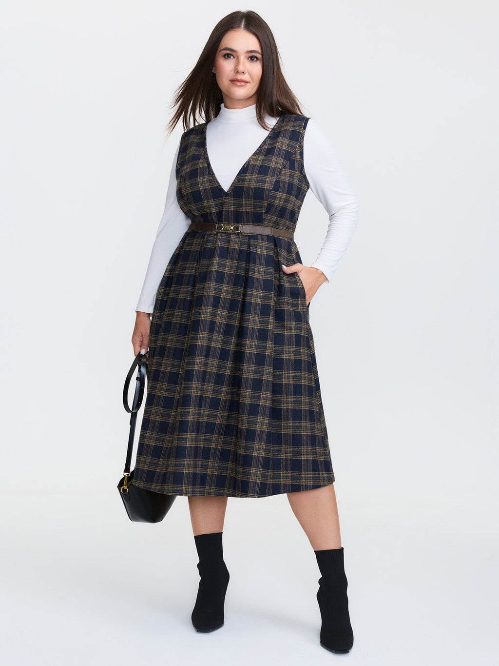 Checkered Pleated Pocket Midi Dress