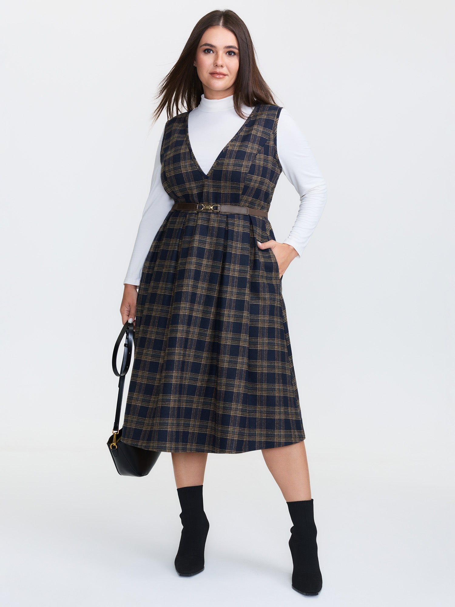 Checkered Pleated Pocket Midi Dress