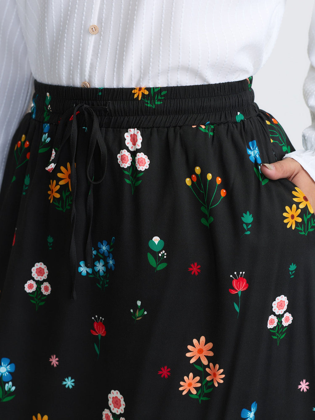 Colorful Floral Print Drawstring Midi Skirt