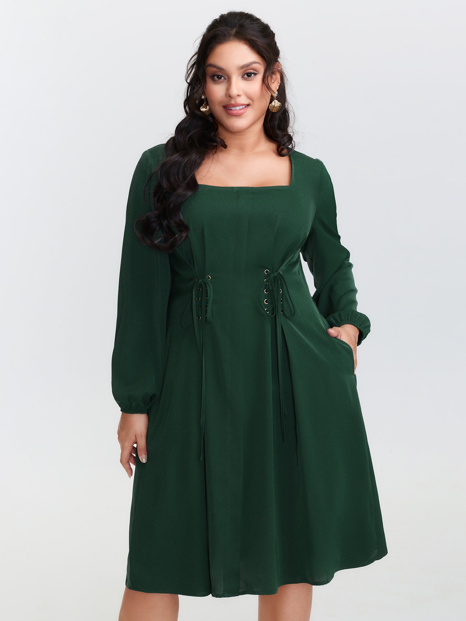 Cinched-Tie Waist Shirred Midi Dress