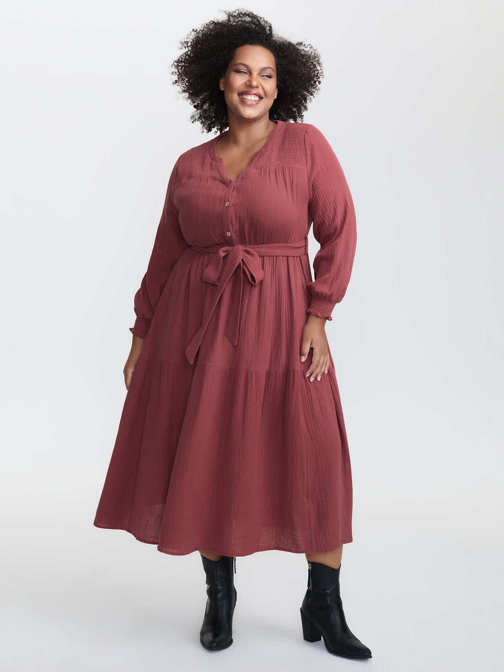 Cotton Textured Belted Pockets Maxi Dress