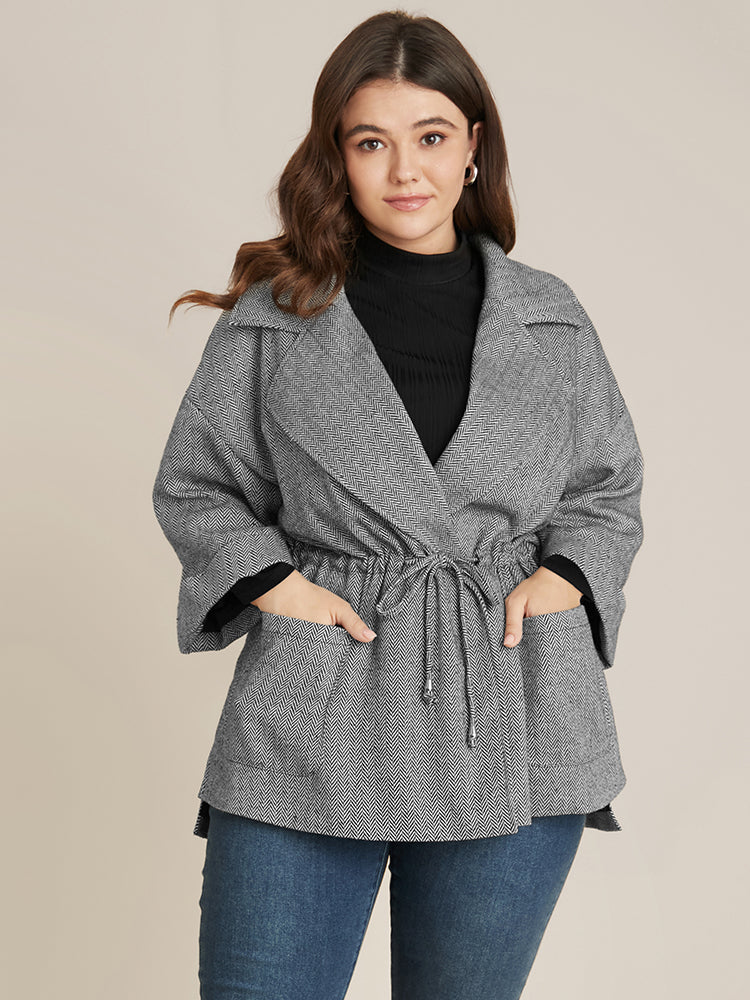 Chevron Pattern Pocket Split Hem Drawstring Coat