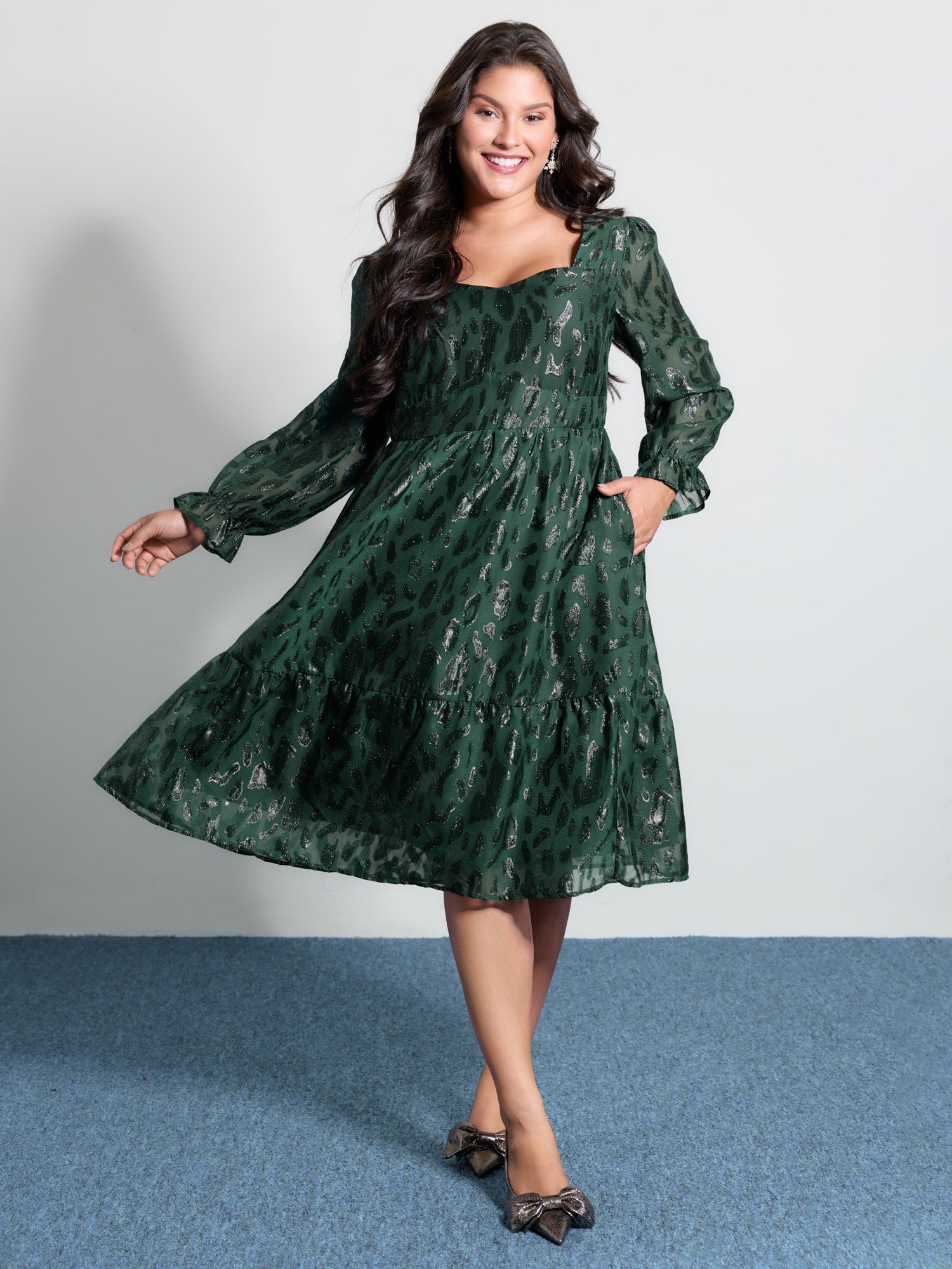 Textured Shirred Backless Tie Midi Dress