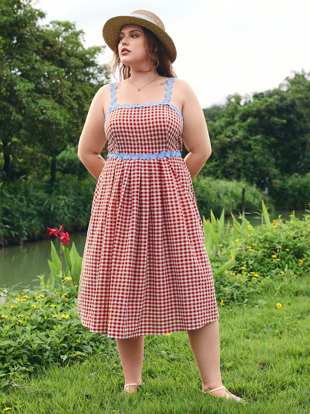Cotton Sweet Gingham Print Stretchy Waist Midi Dress