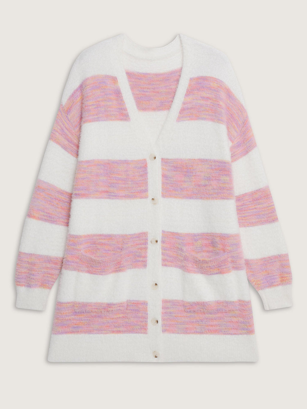 Color Stripes Furry Textured Knit Cardigan
