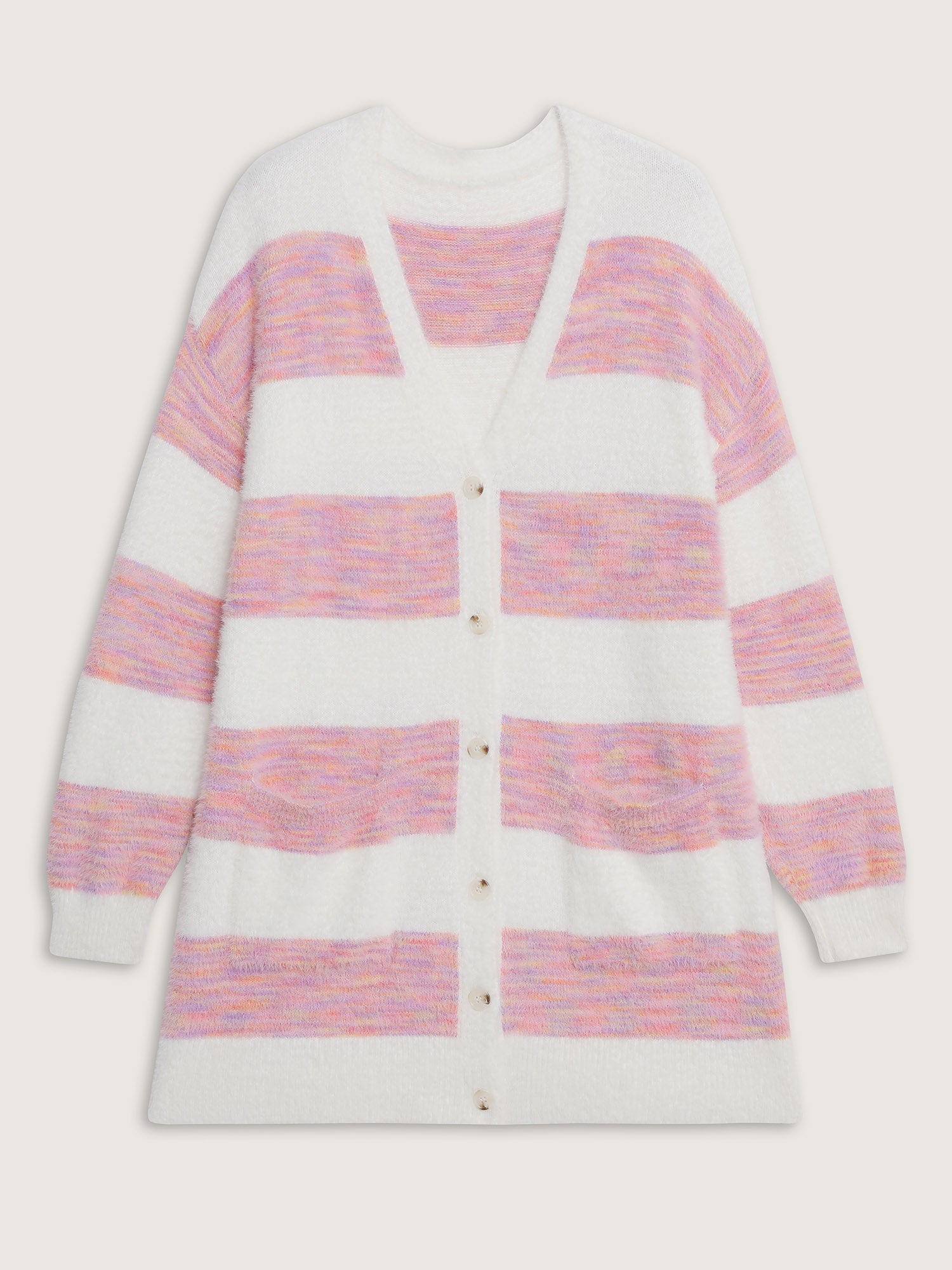 Color Stripes Furry Textured Knit Cardigan