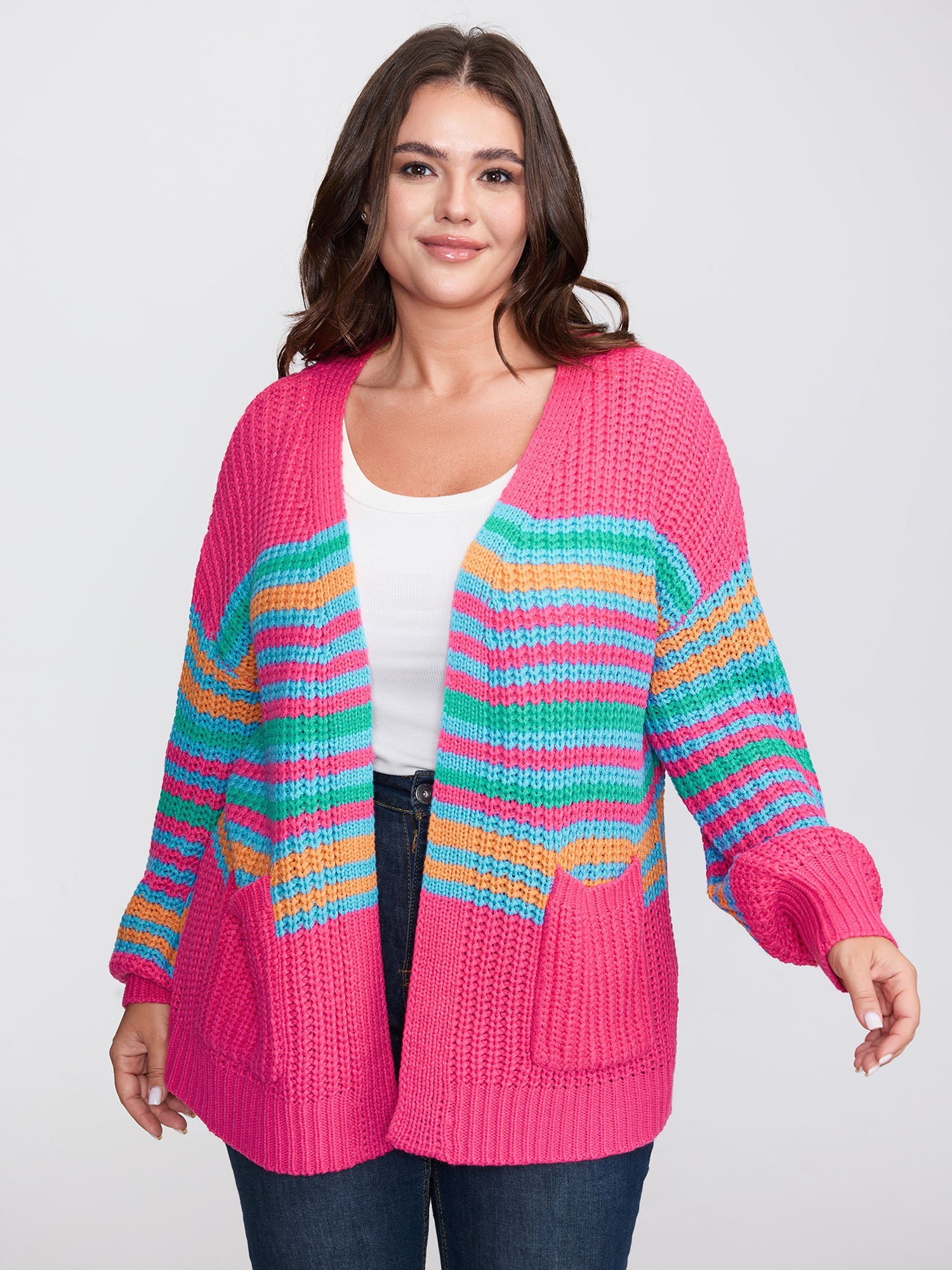 Colorful Stripe Pockets Knit Cardigan