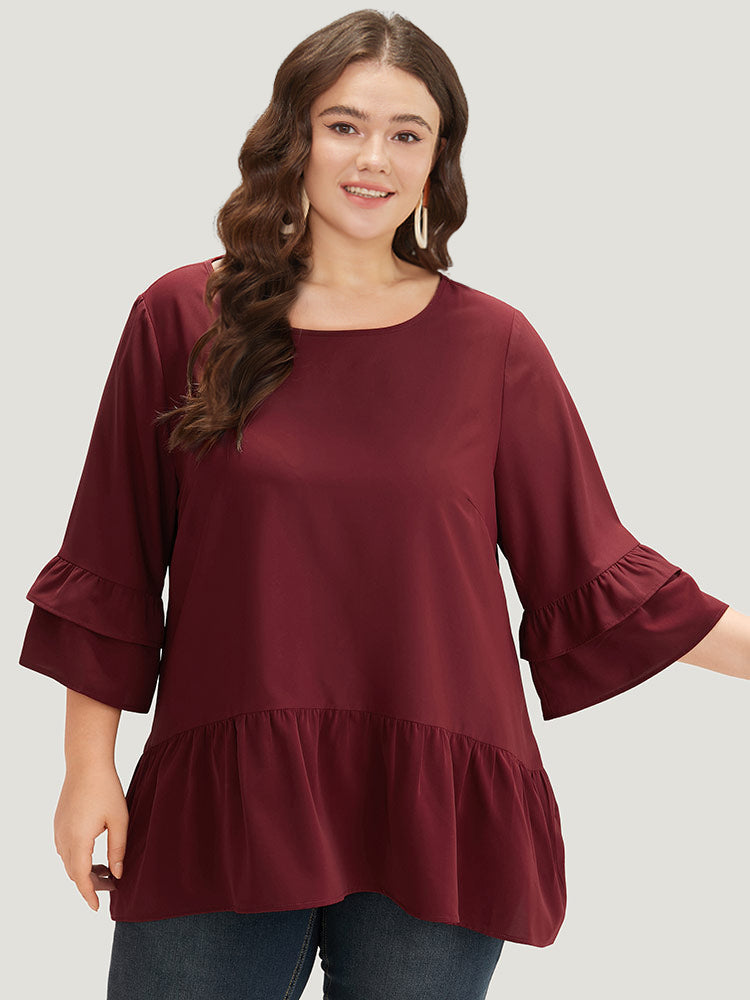 Anti-Wrinkle Plain Ruffle Layered Sleeve Crew Neck Blouse
