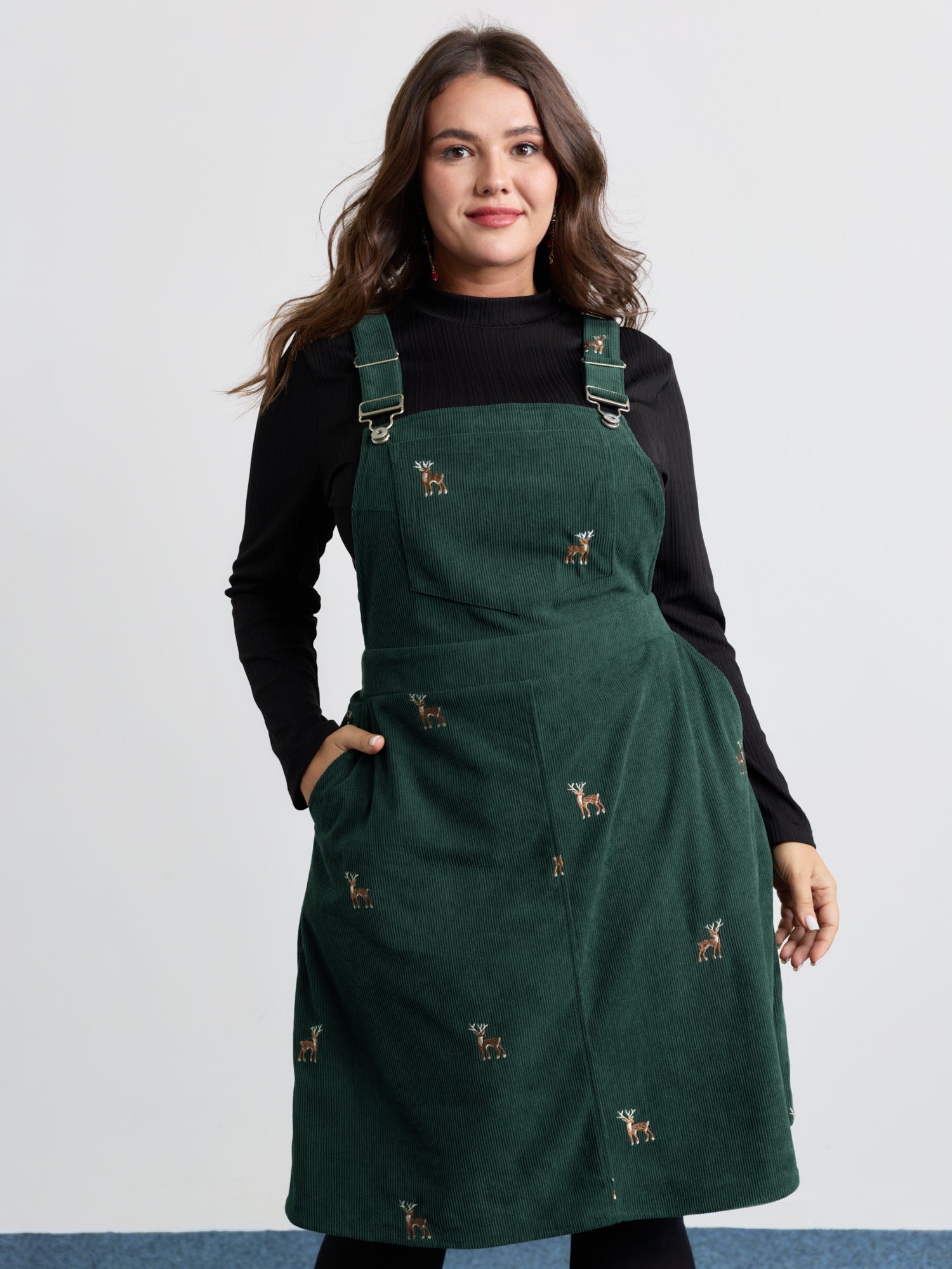 Corduroy Embroidered Adjustable Straps Knee Dress