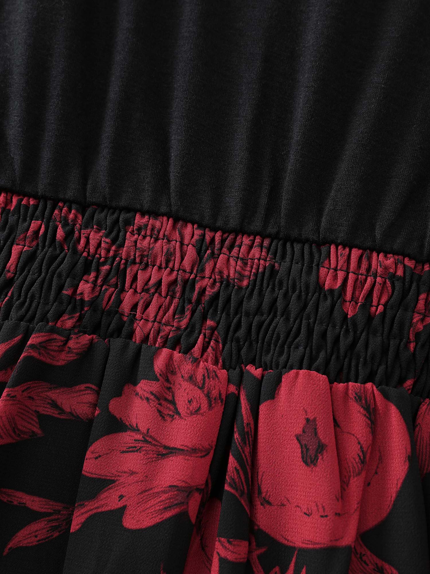 Floral Shirred Waist Color Contrast Midi Dress