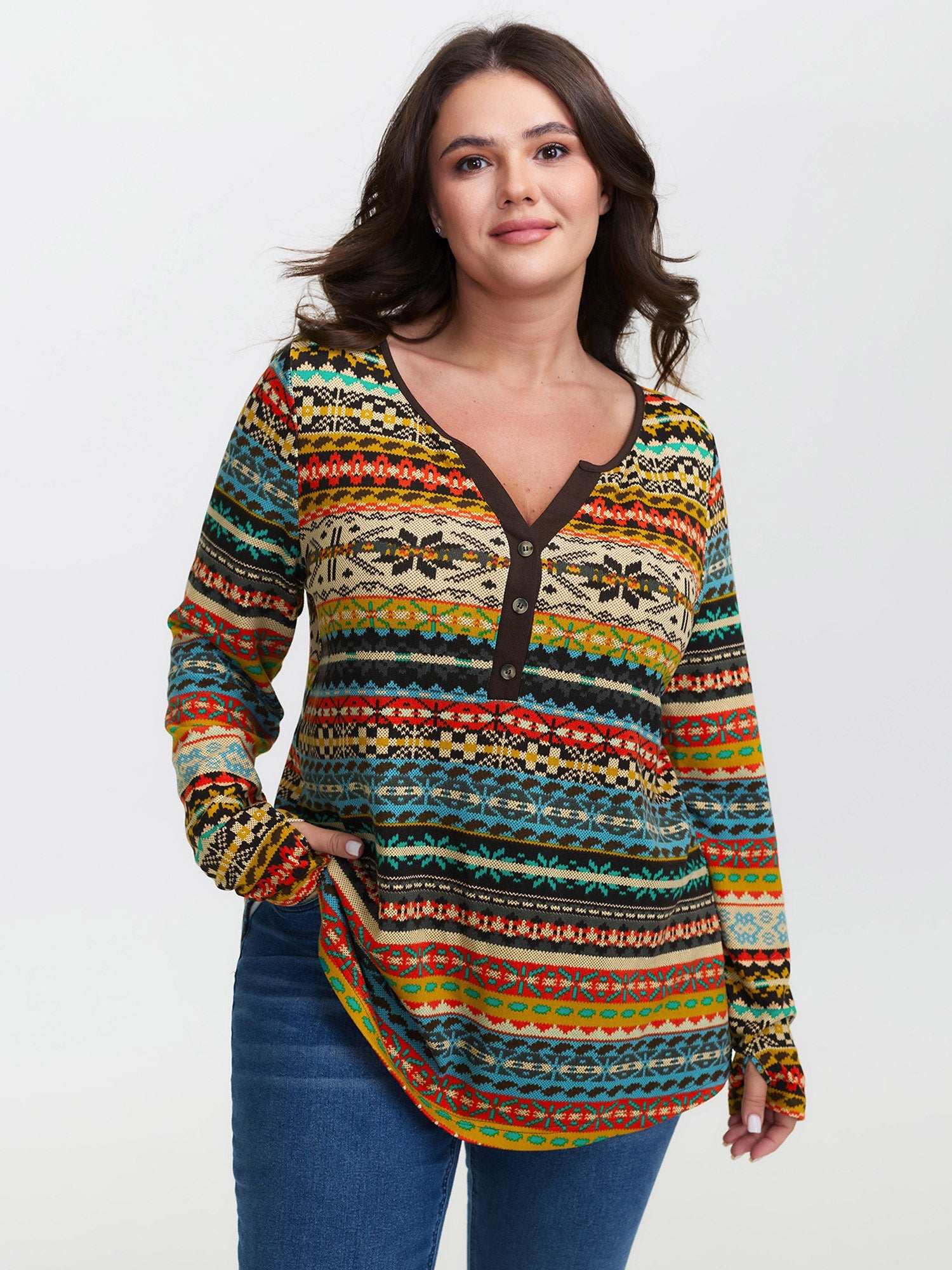 Colorful Stripe Button Placket T-Shirt