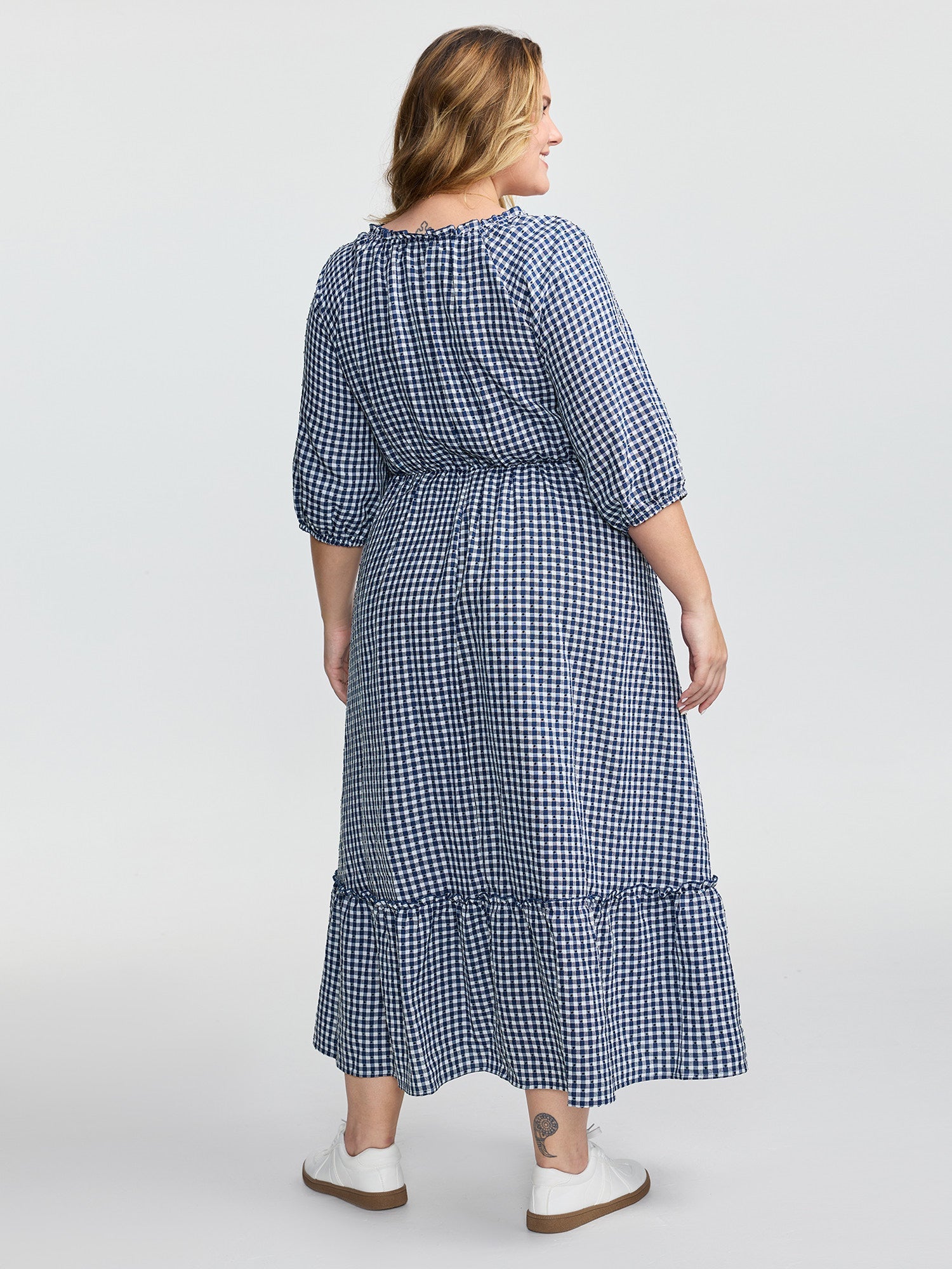 Checkered Shirred Pockets Tiered Maxi Dress
