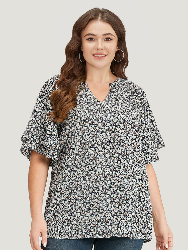 Ditsy Floral Notched Flutter Sleeve Blouse