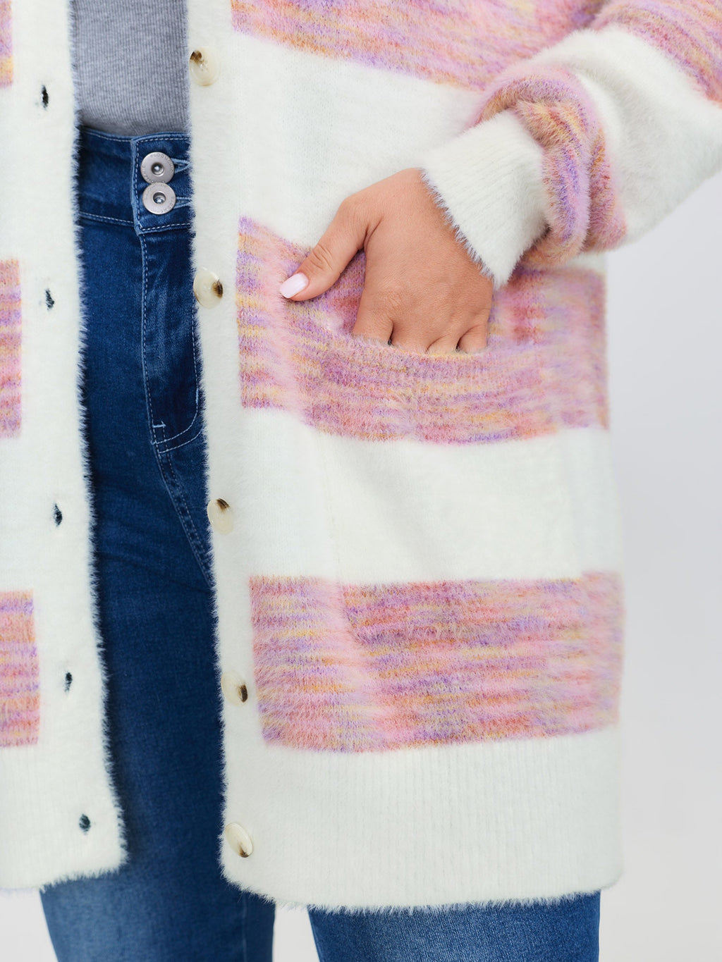 Color Stripes Furry Textured Knit Cardigan