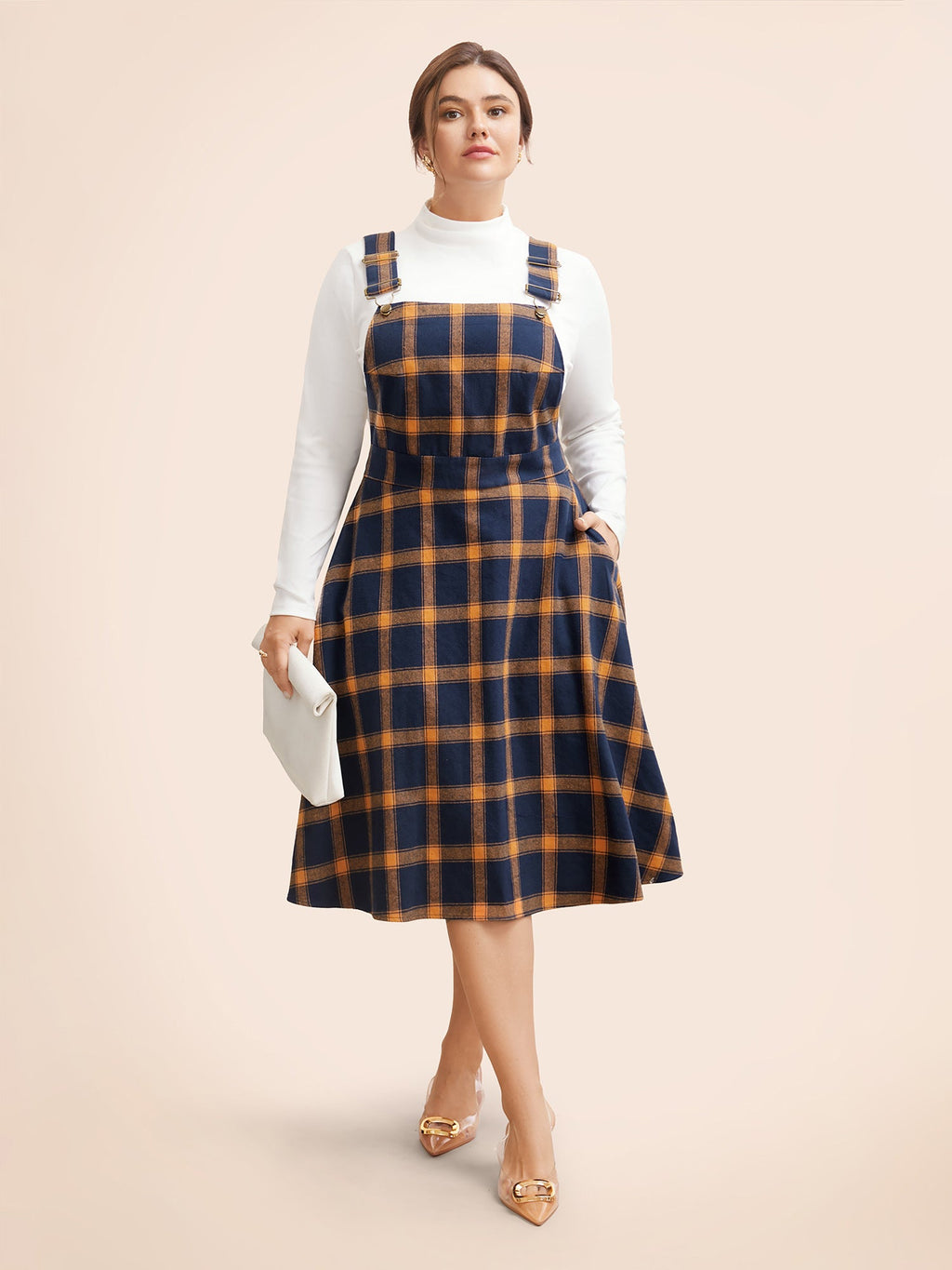 Contrast Plaid Pocket Overall Dress