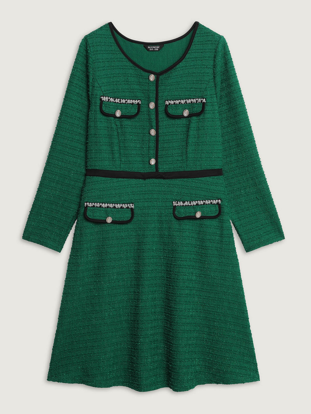 Tweed Stretchy Waist Color Contrast Midi Dress