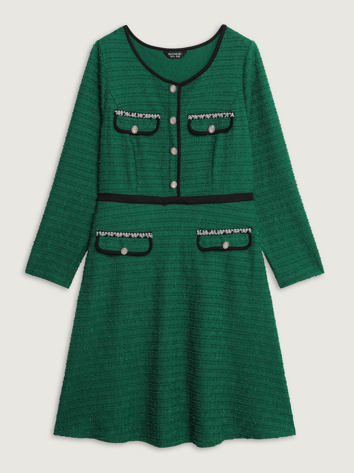 Tweed Stretchy Waist Color Contrast Midi Dress