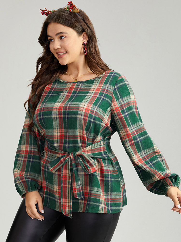 Christmas Plaid Ties Lantern Sleeve Blouse