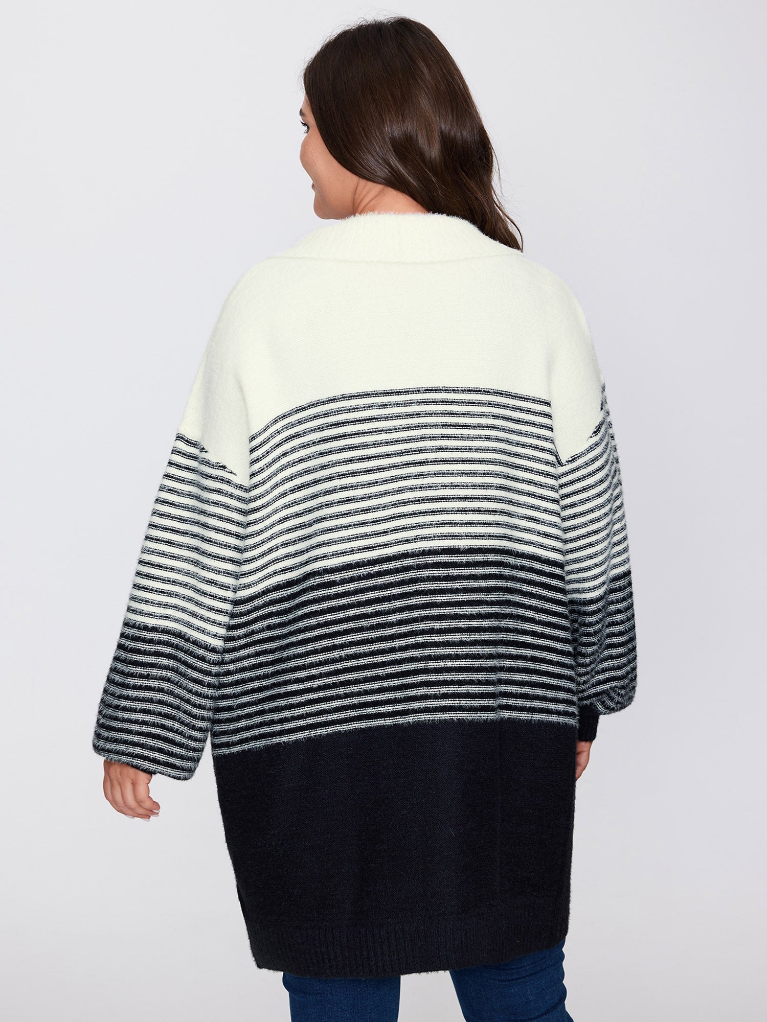 Colorblock Pockets Folded Collar Knit Cardigan