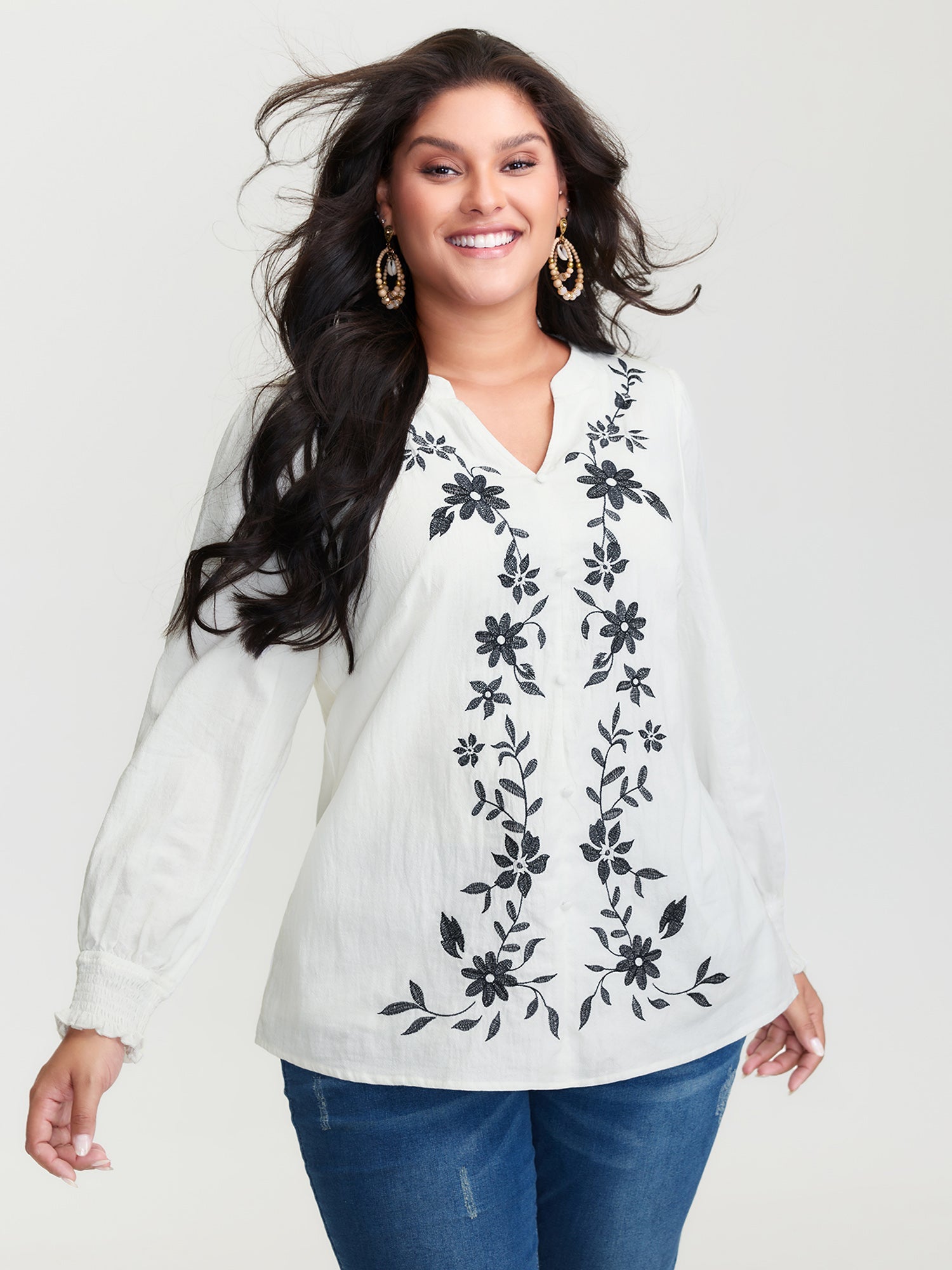 Cotton Floral Embroidery Shirred Blouse