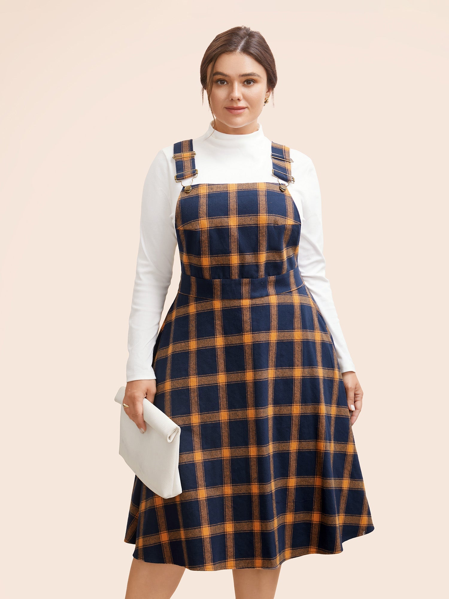 Contrast Plaid Pocket Overall Dress