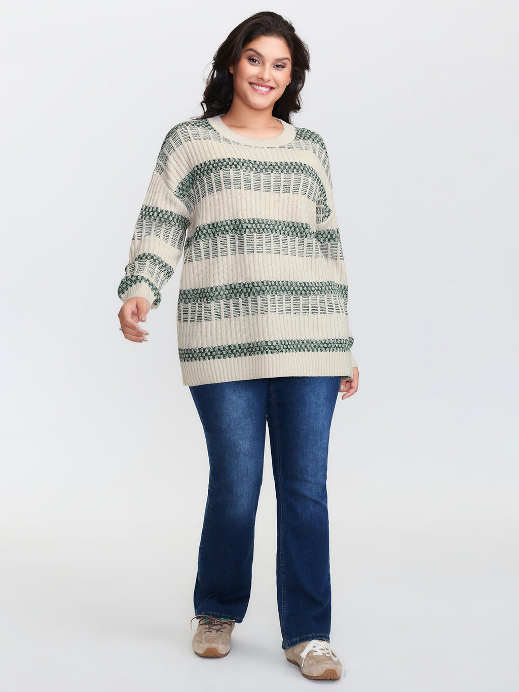 Color Stripes Textured Round Neck Pullover