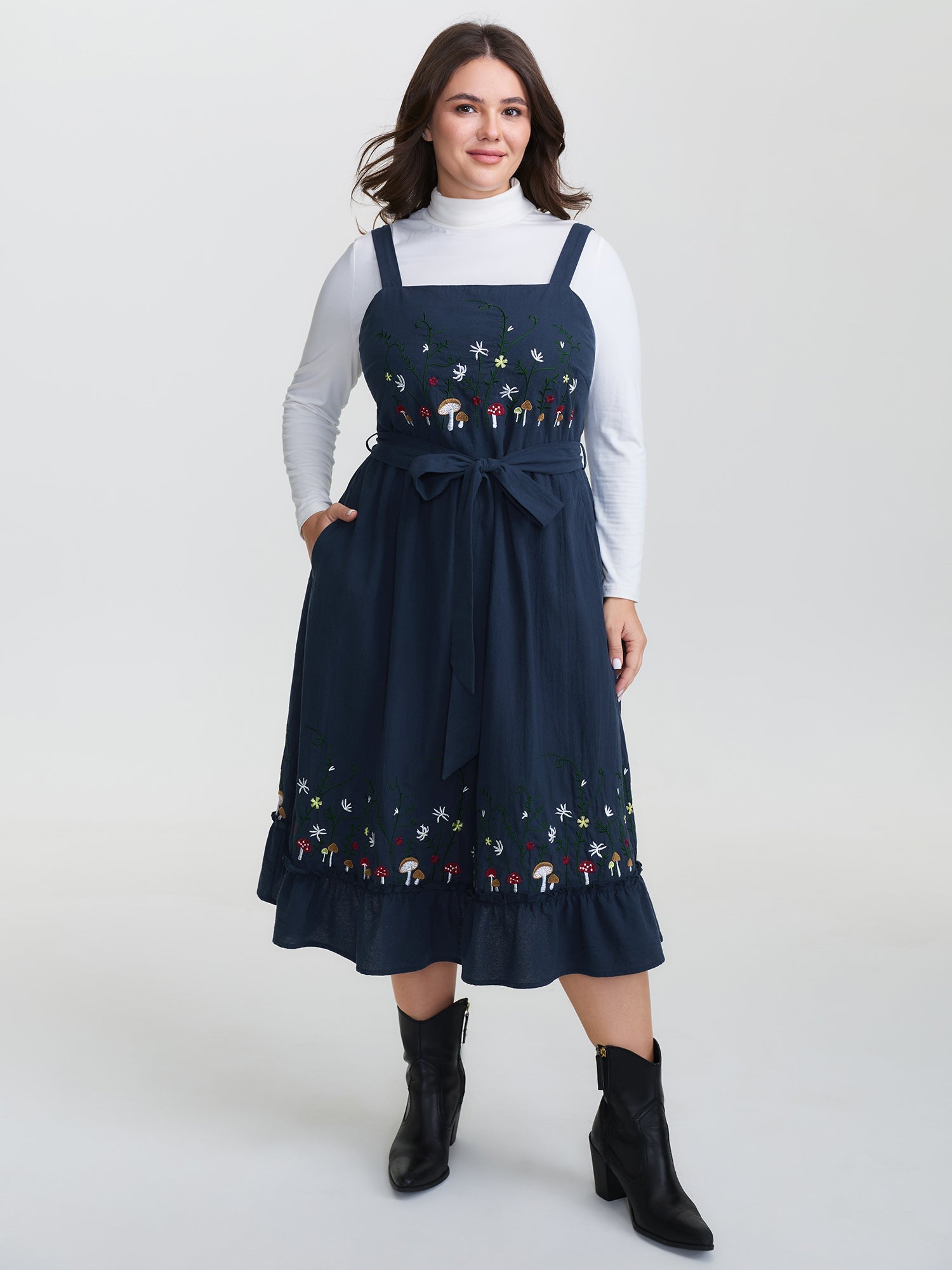 Cotton Garden Embroidery Belted Waist Midi Dress