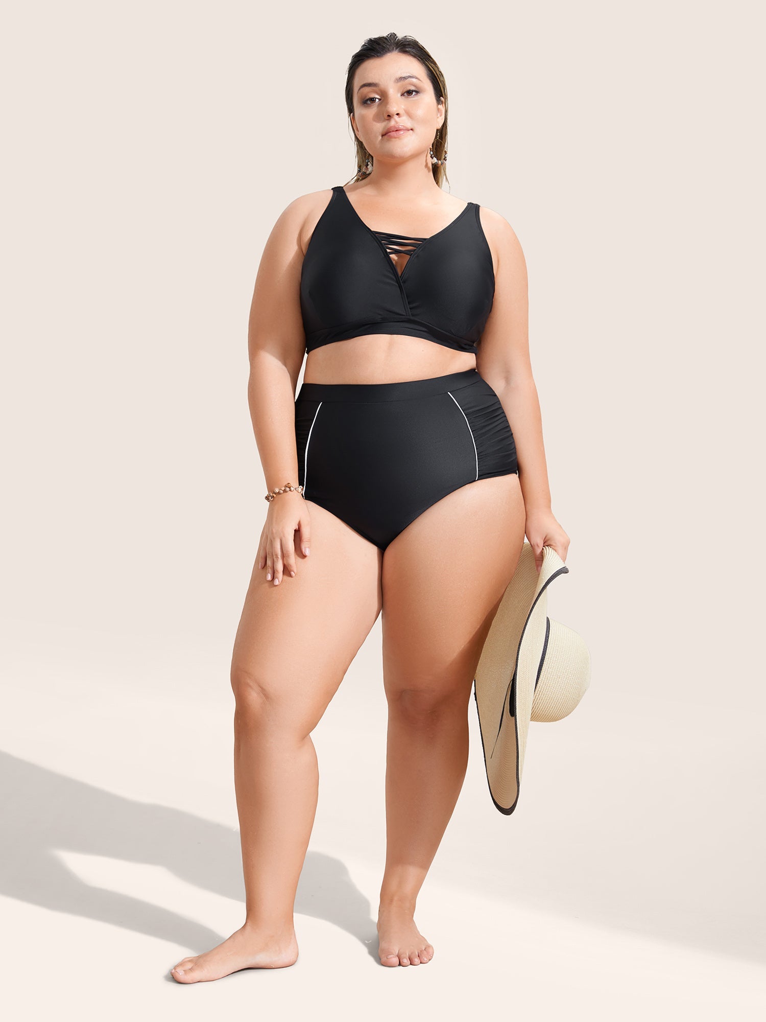 Contrast Trim Ruched High Rise Swim Bottom