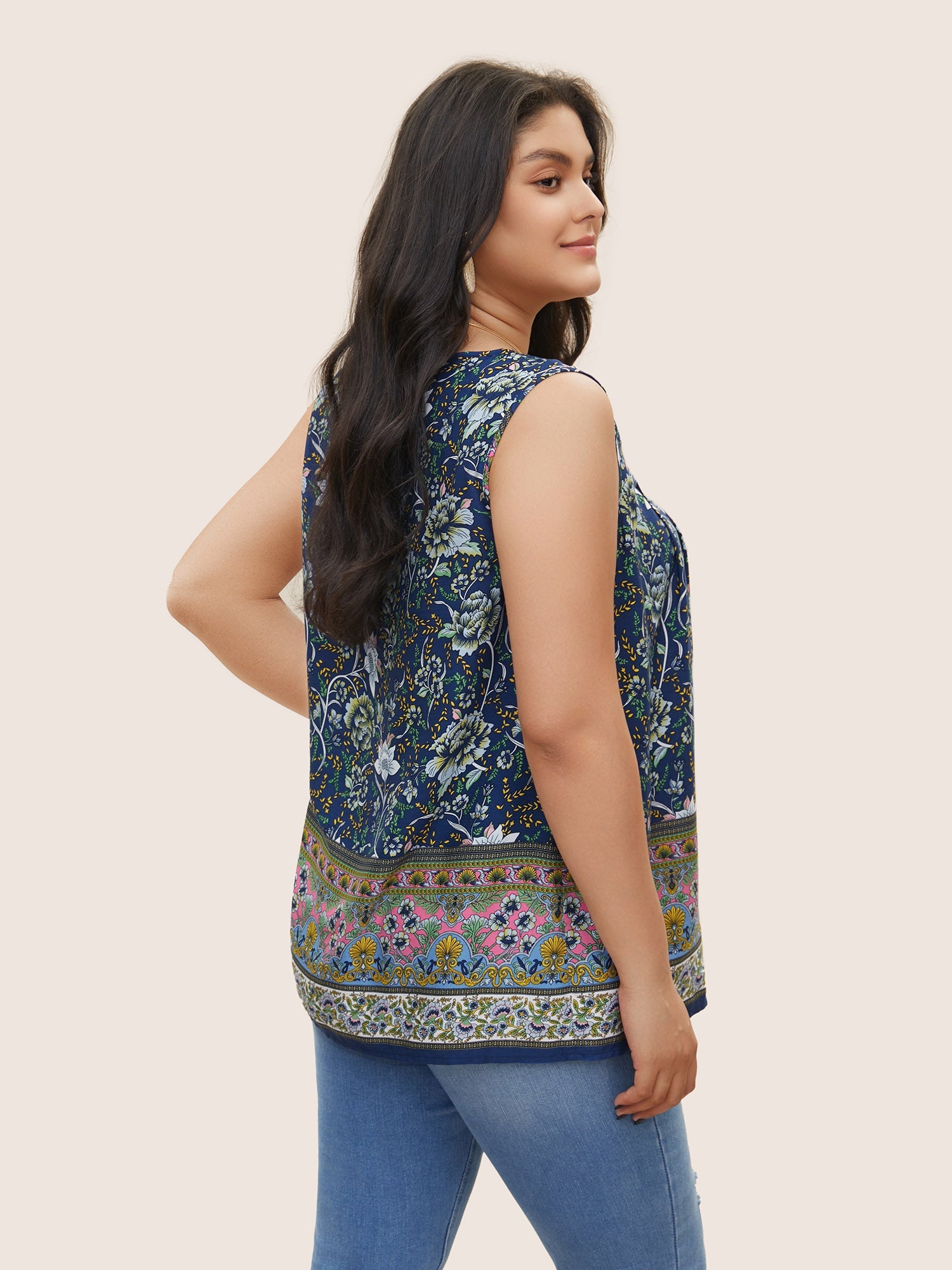 Boho Print Plicated Detail Square Neck Tank Top