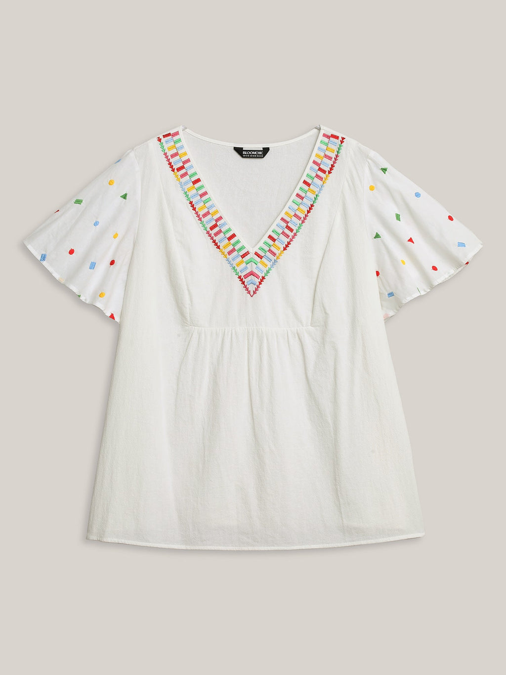 Cotton Colorful Embroidery V-Neck Solid Blouse