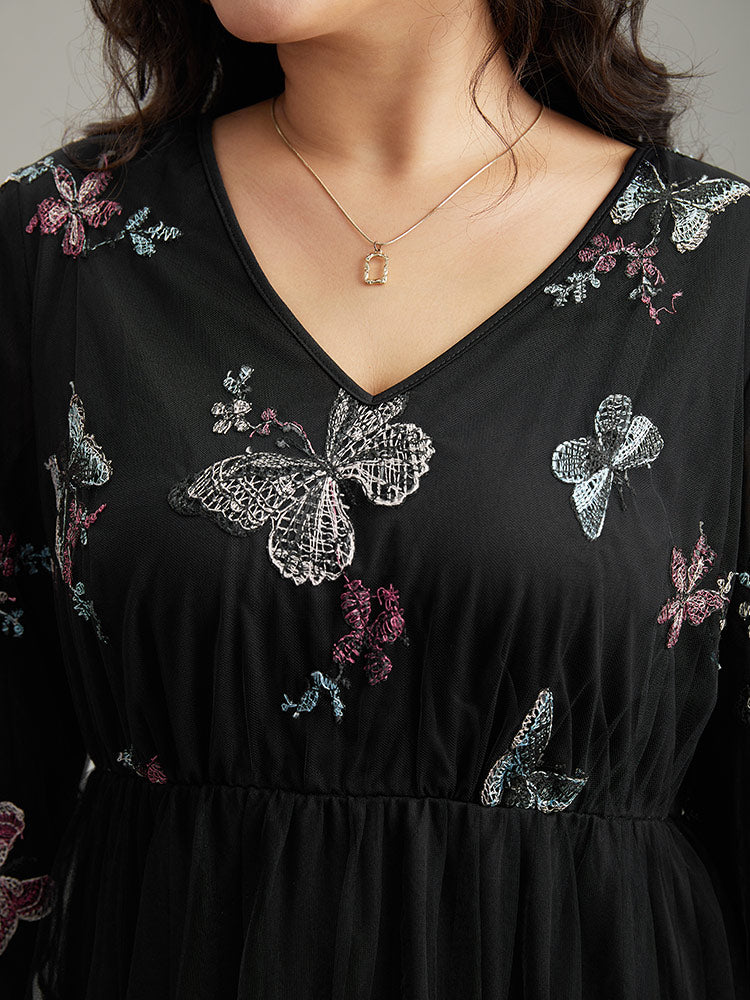 Butterfly Embroidered Mesh Gathered Patchwork Dress