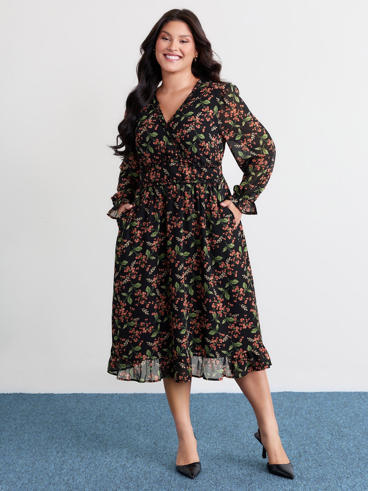Chiffon Floral Ruffled Trim Pockets Midi Dress