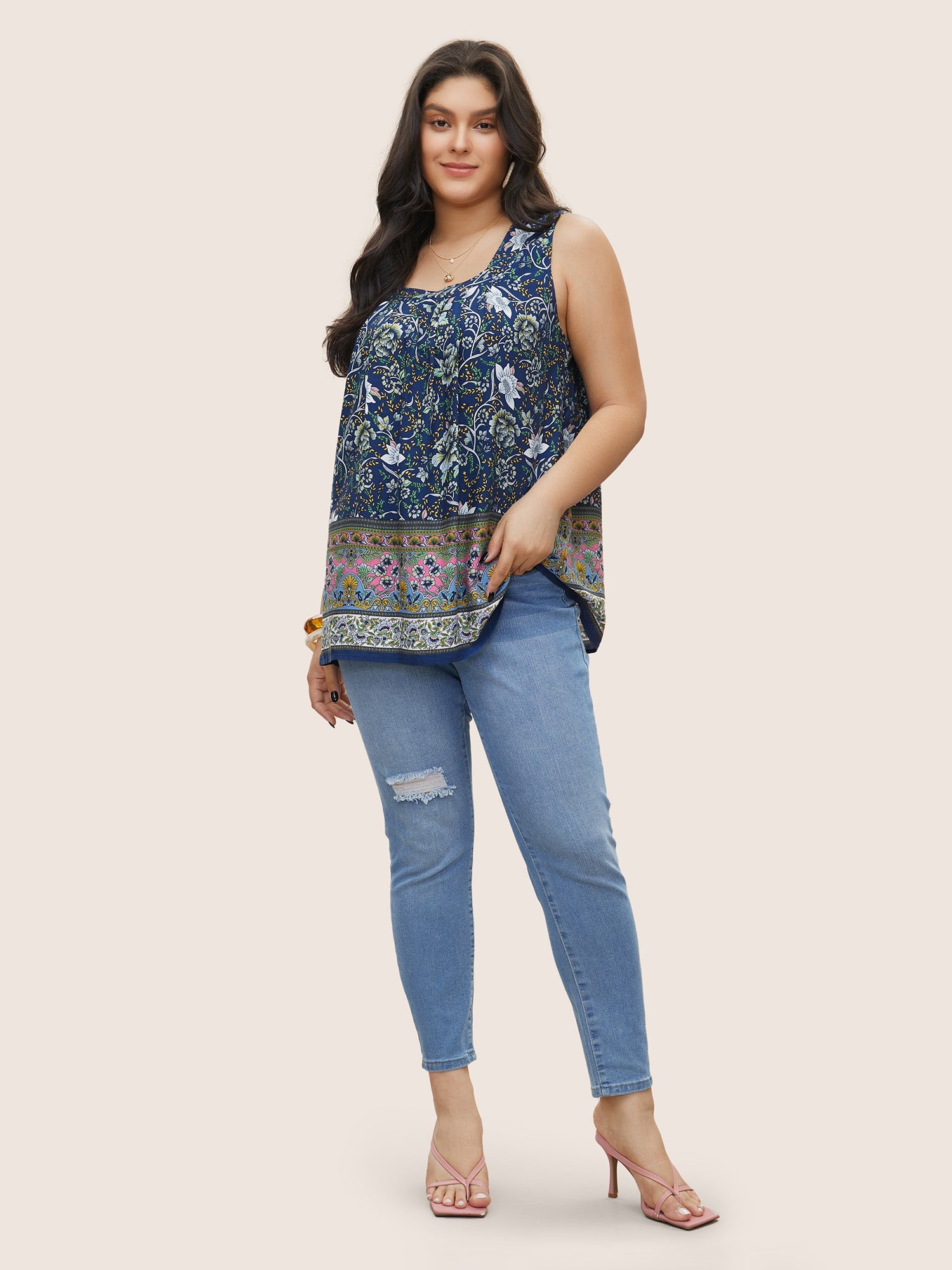 Boho Print Plicated Detail Square Neck Tank Top