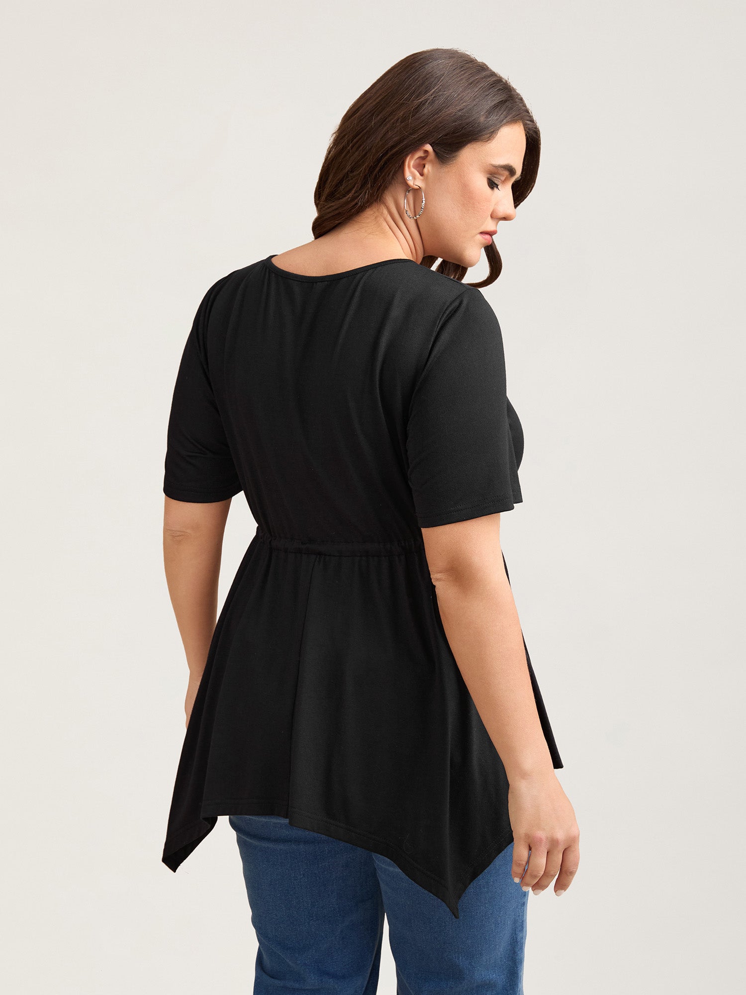 Adjustable Waist-Tie Asymmetrical Hem Plain Top
