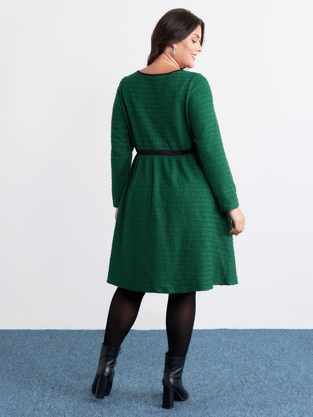 Tweed Stretchy Waist Color Contrast Midi Dress