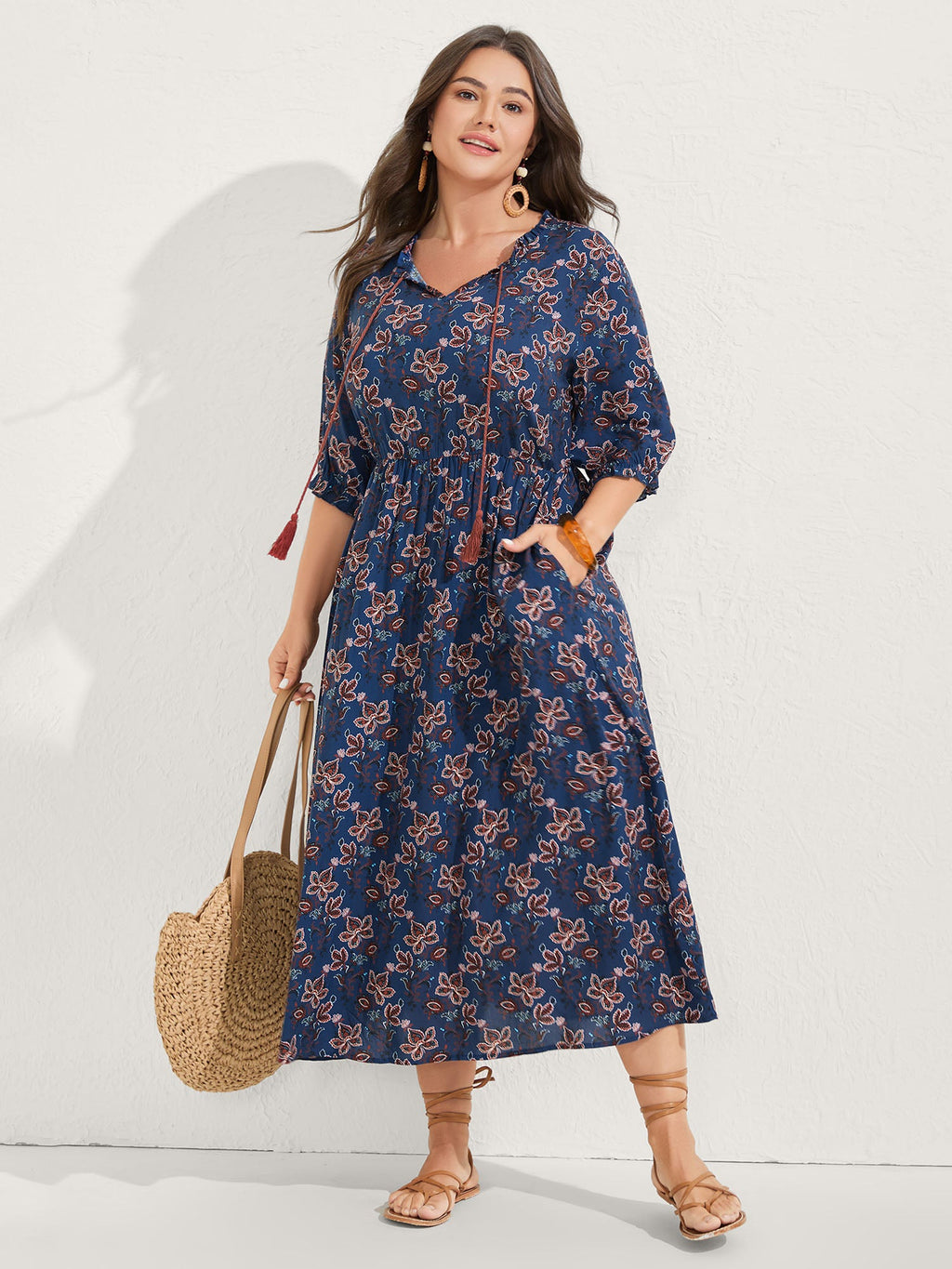 Boho Floral Neck Tie Midi Dress